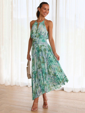 プリント マキシ ドレス 花柄 ノースリーブ ホルター エレガント レイヤード プリーツ バックレス ロング サマー ドレス