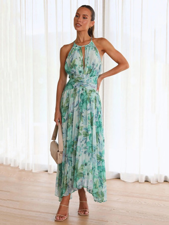 プリント マキシ ドレス 花柄 ノースリーブ ホルター エレガント レイヤード プリーツ バックレス ロング サマー ドレス