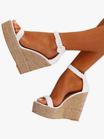 Women's White Wedge Sandals Women Platform Open Toe Buckle Detail Espadrille Sandals