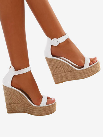 ホワイトウェッジサンダルレディース　2025　プラットフォーム　オープントゥ　バックルディテールエスパドリーユサンダル