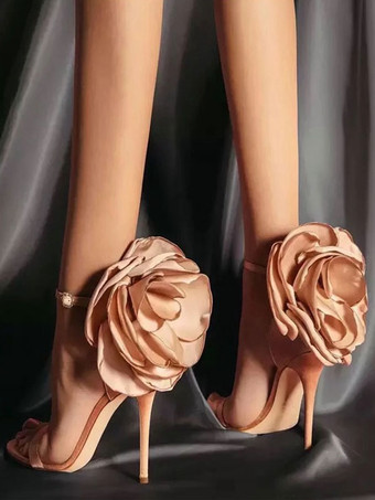 ピンクサテンの女性の大きなローズ アンクル ストラップ イブニング ヒール プロム サンダル