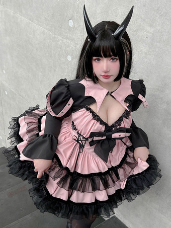 ピンクゴスロリ ドレス ピンク レッド セクシー 甘い小悪魔 スリム フィットとボインのレースアップ ドレス