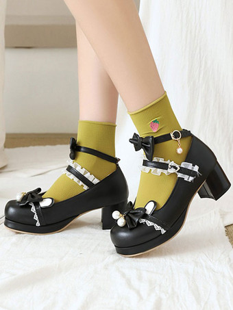 スウィートロリータフットウェアブラックボウノットPUレザーデイリーカジュアルロリータシューズ