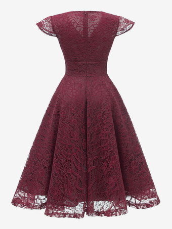 1950年代のレトロなグラマードレス Vネック 半袖 バーガンディ ミディアム ロカビリー ドレス