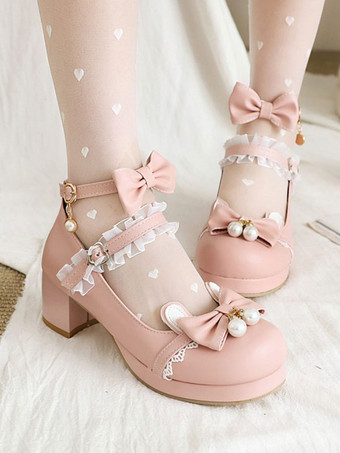 ピンクスウィートロリータフットウェアブラックボウノットPUレザーデイリーカジュアルロリータシューズ