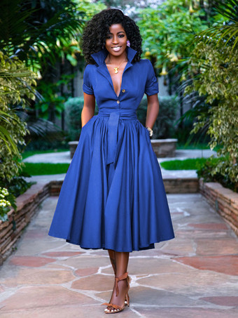 ブルー ミディシャツドレス オレンジ スタンドカラー サッシュ 半袖 レイヤードドレス