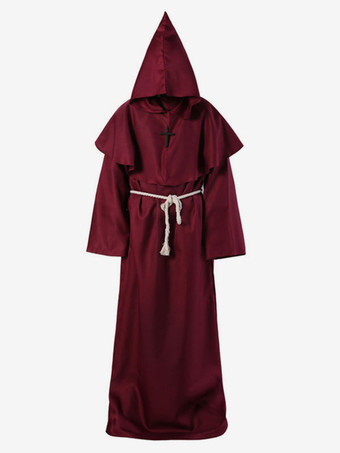ワインレッド モンク カーニバル コスチューム 中世 フード付き 男性 ローブ バーガンディ