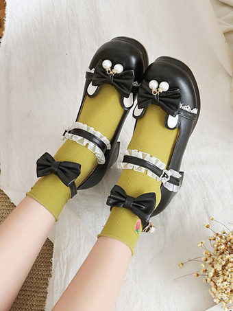 スウィートロリータフットウェアブラックボウノットPUレザーデイリーカジュアルロリータシューズ