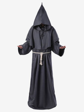 ダークグレー モンク カーニバル コスチューム 中世 フード付き 男性 ローブ バーガンディ