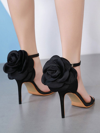 Women's Large Rose Ankle Strap Evening Heels Prom Sandals in Satin