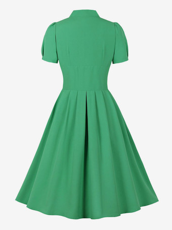 レトロワンピース　1950年代オードリー・ヘップバーン風　ピンク　半袖　Vネック　二次会　お呼ばれ　発表会　スイングドレス