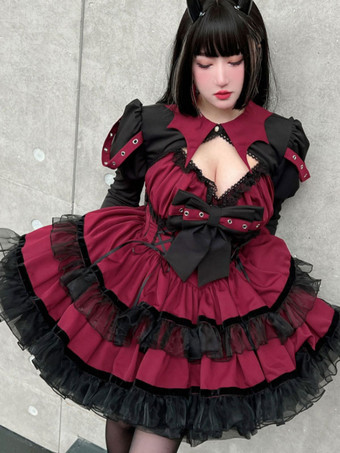 ゴスロリ ドレス ピンク レッド セクシー 甘い小悪魔 スリム フィットとボインのレースアップ ドレス