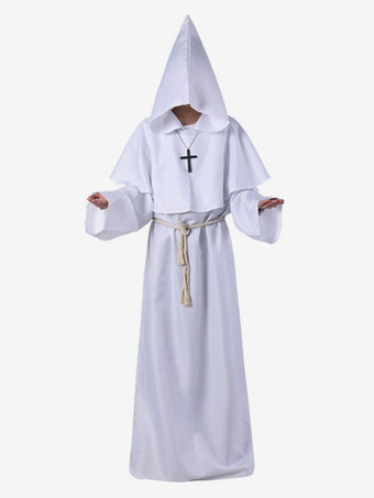 ホワイト モンク カーニバル コスチューム 中世 フード付き 男性 ローブ バーガンディ