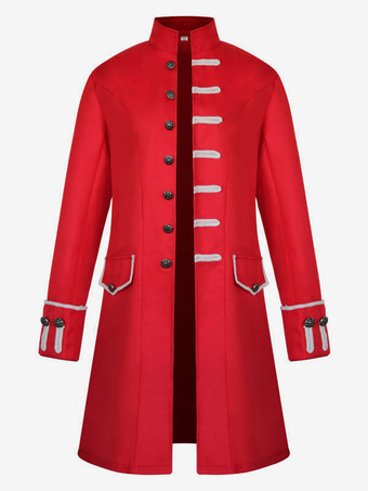 レッド ヴィンテージ中世フロックコート男性スタンドカラージャケットハロウィンコスチューム制服