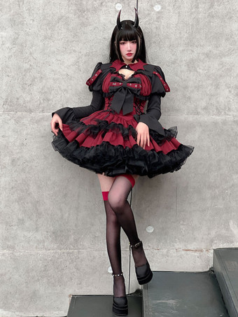 ゴスロリ ドレス ピンク レッド セクシー 甘い小悪魔 スリム フィットとボインのレースアップ ドレス