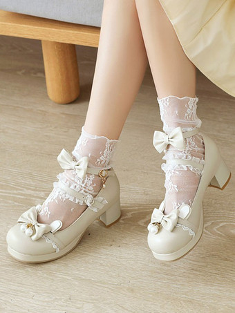 アイボリー スウィートロリータフットウェアブラックボウノットPUレザーデイリーカジュアルロリータシューズ