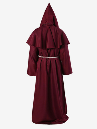 モンク カーニバル コスチューム 中世 フード付き 男性 ローブ バーガンディ