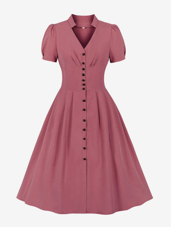 Retro-Kleid der 1950er Jahre Audrey Hepburn-Stil rosa Frau mit kurzen Ärmeln V-Ausschnitt Swing-Kleid