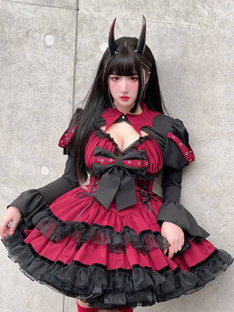 ゴスロリ ドレス ピンク レッド セクシー 甘い小悪魔 スリム フィットとボインのレースアップ ドレス