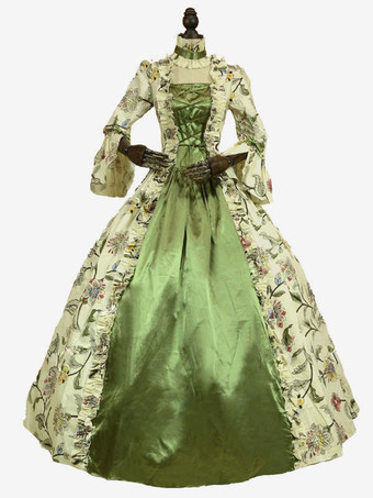 Victorian Dress Costume Prom Dress Green Retro Costumes Long Sleeves Square Neckline Ball Gown Floral Print Rococo Dress with Choker
