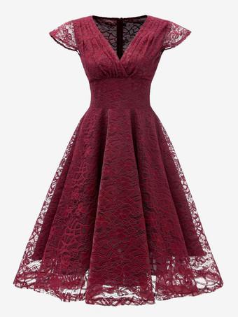 1950s Retro Glamour Dress V Neck Short Sleeves Burgundy Medium Rockabilly Dress