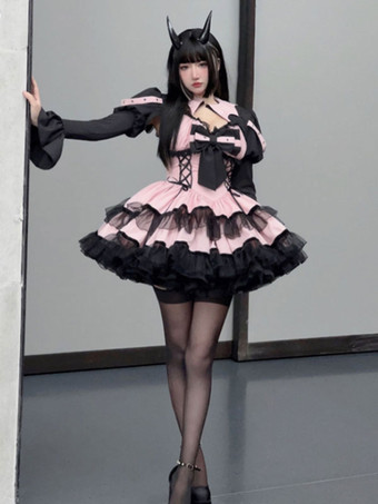 ゴスロリ ドレス ピンク レッド セクシー 甘い小悪魔 スリム フィットとボインのレースアップ ドレス