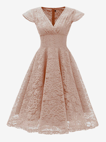 ピンク1950年代のレトロなグラマードレス Vネック 半袖 バーガンディ ミディアム ロカビリー ドレス