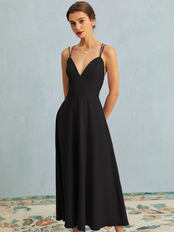 ブラック ブラック ドレス スパゲッティ ストラップ ノースリーブ プリーツ プロム マキシ ドレス