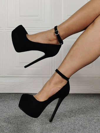 女性用 ブラック プラットフォーム ヒール ラウンド トゥ アンクル ストラップ パンプス