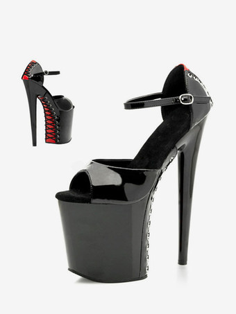 レッド レディース靴　サンダル　新作　厚底サンダル　美脚　アンクルストラップ　20cm　オープントゥ　スティレットヒール　PU　