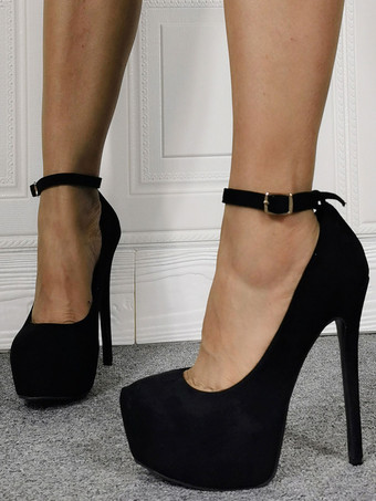 女性用 ブラック プラットフォーム ヒール ラウンド トゥ アンクル ストラップ パンプス