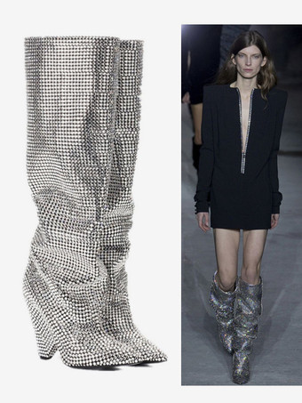 女性のスラウチ ブーツ エレガントなラインストーン コーン ヒール ニーハイ ブーツ