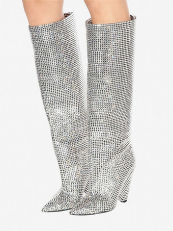 女性のスラウチ ブーツ エレガントなラインストーン コーン ヒール ニーハイ ブーツ