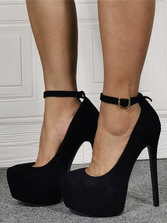 女性用 ブラック プラットフォーム ヒール ラウンド トゥ アンクル ストラップ パンプス