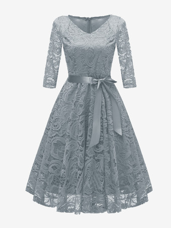 グレイレトロワンピース 無地 ダークネイビー ロカビリー ワンピース 七分袖 リボン Vネック ヴィンテージワンピース レース 1950年代 二次会 発表会 お呼ばれ ファッション