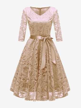 アプリコットレトロワンピース 無地 ダークネイビー ロカビリー ワンピース 七分袖 リボン Vネック ヴィンテージワンピース レース 1950年代 二次会 発表会 お呼ばれ ファッション