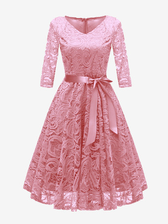 ピンクレトロワンピース 無地 ダークネイビー ロカビリー ワンピース 七分袖 リボン Vネック ヴィンテージワンピース レース 1950年代 二次会 発表会 お呼ばれ ファッション