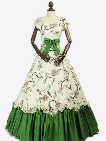 グリーン 黒のレトロな衣装弓ポリエステル マリー ・ アントワ ネット衣装花柄ドレス女性のレトロなチュニック古着 バーガンディ