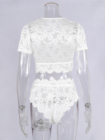 ランジェリーブラジャーパンティーホワイトポリエステルレース2ピースセットセクシーランジェリー衣装
