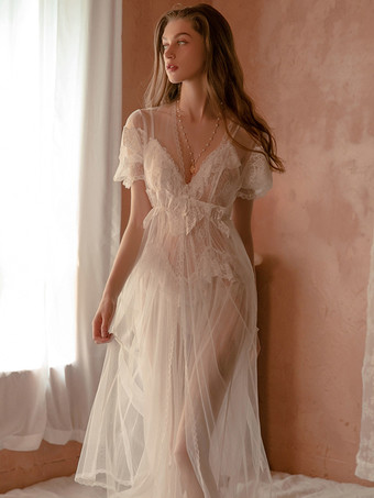 女性シュミーズ ホワイト ポリエステル レース シアー ストレッチ シュミーズ オーバーコート パンティ 3点セット セクシー ランジェリー 衣装