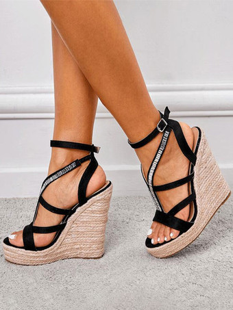 ブラック 女性の夏のサンダルテリーウェッジヒールオープントウヒールサンダル
