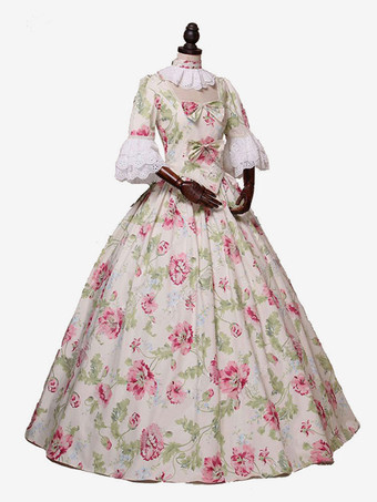 ライトアプリコット レトロコスチューム 女性用 花柄 リボン フリル マリー・アントワネット コスチューム ポリエステル チュニック チョーカードレス レトロ ヴィンテージ服