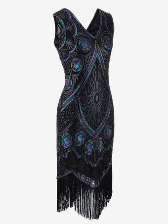 グレート・ギャツビーフラッパードレス　2025　1920s　ヴィンテージコスチューム　Vネック　タッセル　スパンコールドレスハロウィンレディース