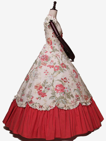 黒のレトロな衣装弓ポリエステル マリー ・ アントワ ネット衣装花柄ドレス女性のレトロなチュニック古着 バーガンディ