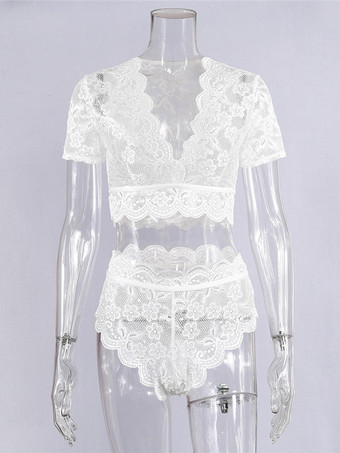 ランジェリーブラジャーパンティーホワイトポリエステルレース2ピースセットセクシーランジェリー衣装