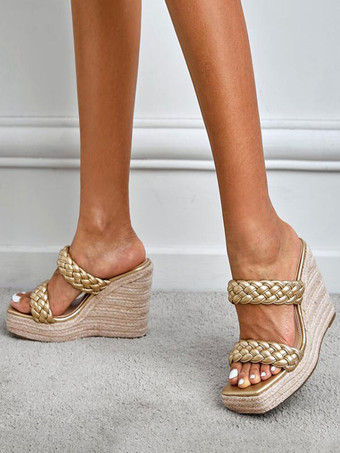 女性ヒールミュールオープントゥPUレザーブロンドウェッジサンダル