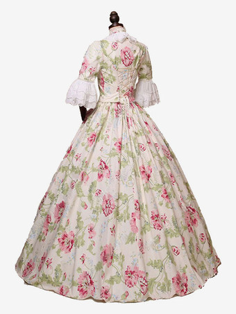 ライトアプリコット レトロコスチューム 女性用 花柄 リボン フリル マリー・アントワネット コスチューム ポリエステル チュニック チョーカードレス レトロ ヴィンテージ服