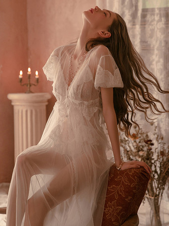 女性シュミーズ ホワイト ポリエステル レース シアー ストレッチ シュミーズ オーバーコート パンティ 3点セット セクシー ランジェリー 衣装