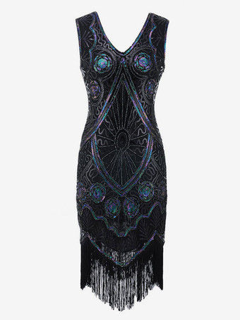 ブラック グレート・ギャツビーフラッパードレス　2025　1920s　ヴィンテージコスチューム　Vネック　タッセル　スパンコールドレスハロウィンレディース