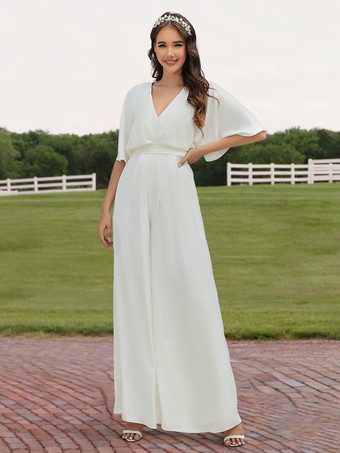 アイボリーブライダルジャンプスーツマキシレングス Aライン Vネック ハーフスリーブ ウェディングジャンプスーツ 自由なカスタマイズ